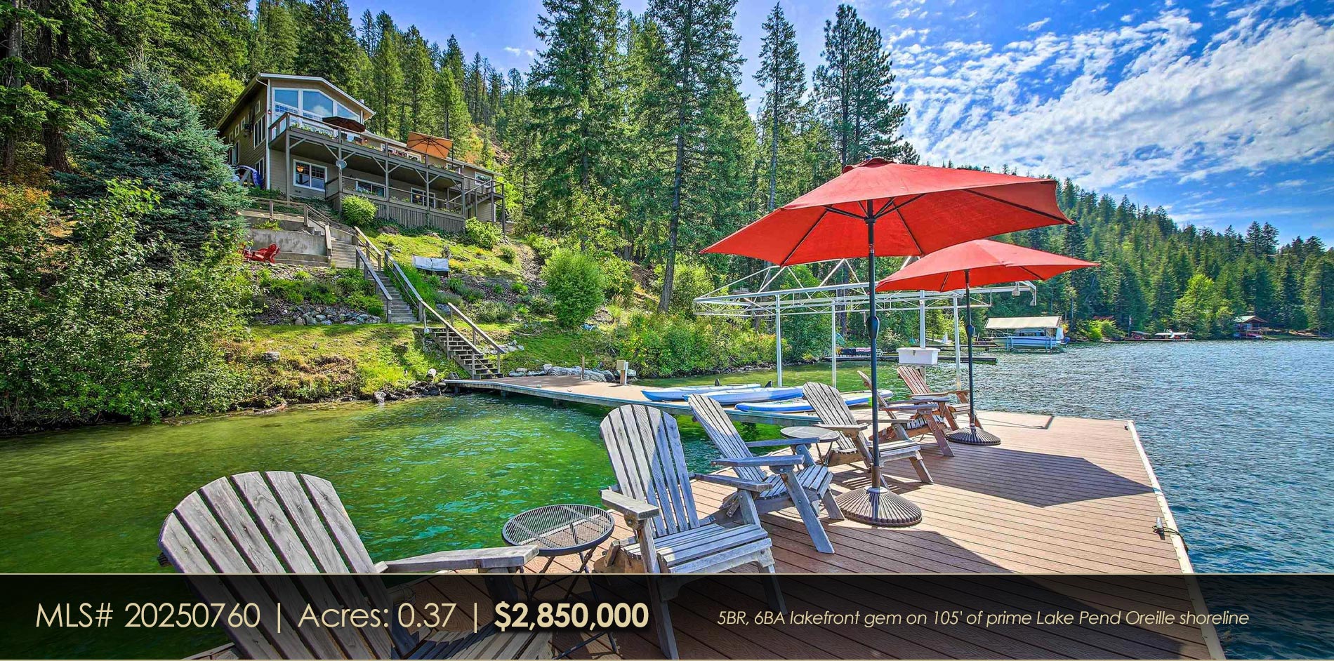 5BR, 6BA lakefront gem on 105 feet of prime Lake Pend Oreille shoreline minutes from downtown Sandpoint